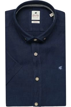 Pure Casual Slim Fit Leinenhemd Marine, Einfarbig