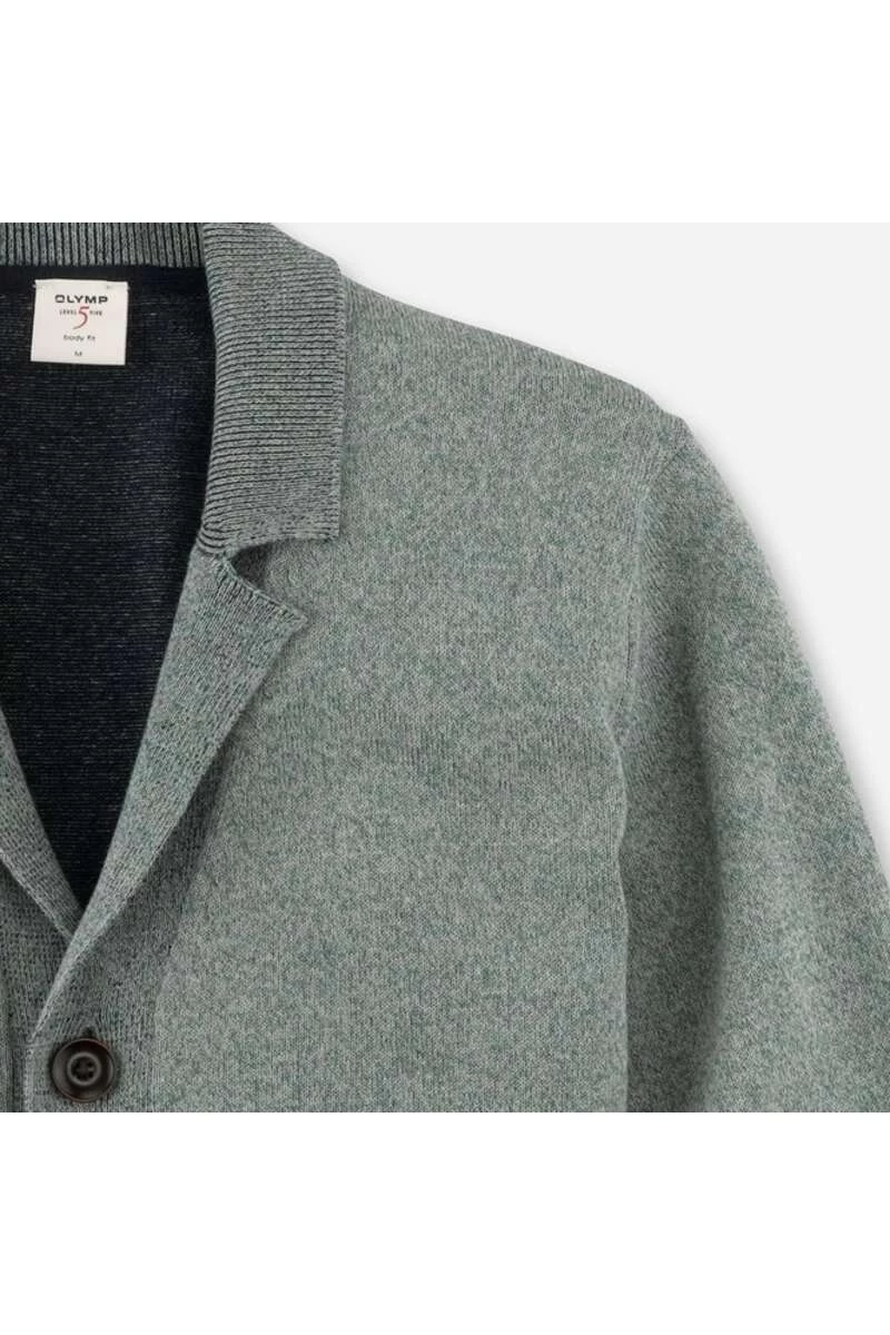 OLYMP Level Five Body Fit Herren Strickjacke Reverskragen Grün 2 OLYMP Level Five Body Fit Herren Strickjacke Reverskragen Grün – Bild 2