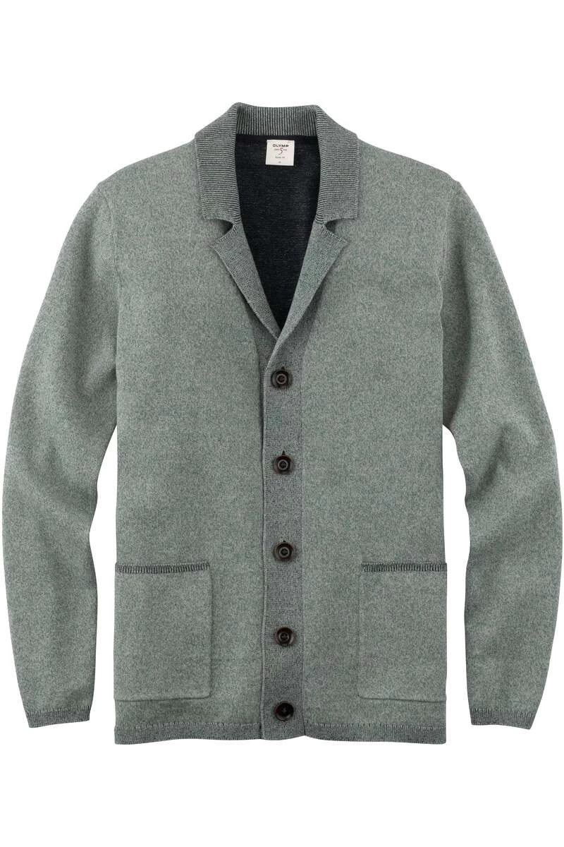 OLYMP Level Five Body Fit Herren Strickjacke Reverskragen Grün 1 OLYMP Level Five Body Fit Herren Strickjacke Reverskragen Grün