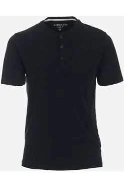Redmond Casual Regular Fit T-Shirt Henleykragen Schwarz, Einfarbig