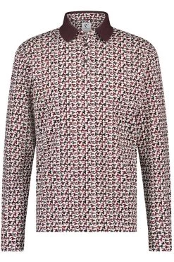 R2 Amsterdam Modern Fit Longsleeve Poloshirt Rot/weiss, Gemustert