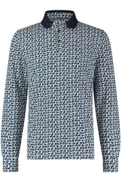 R2 Amsterdam Modern Fit Longsleeve Poloshirt Dunkelblau, Gemustert